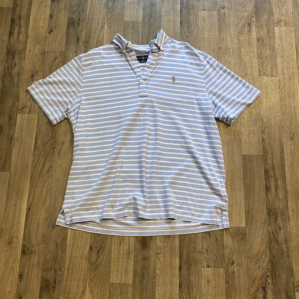 Polo Ralph Lauren Knit Oxford Blue Striped Polo Shirt Short Sleeve Size XL Golf